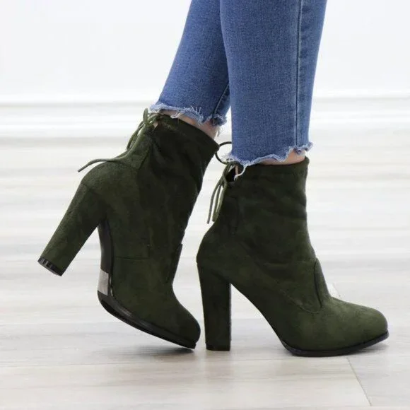 Ankle Heeled Boots High Block Heel Round Toe Olive Green Faux Suede High Shaft - Picture 9 of 15